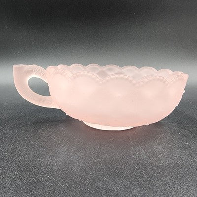 Imperial Glass Pink Frosted Satin Pansy Dish Handle Candy Trinket Bowl Chipped