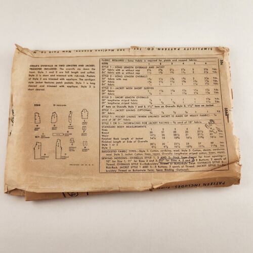Simplicity 3566 Vintage Sewing Pattern Childs Overalls Pants '51 Size 5 Unisex