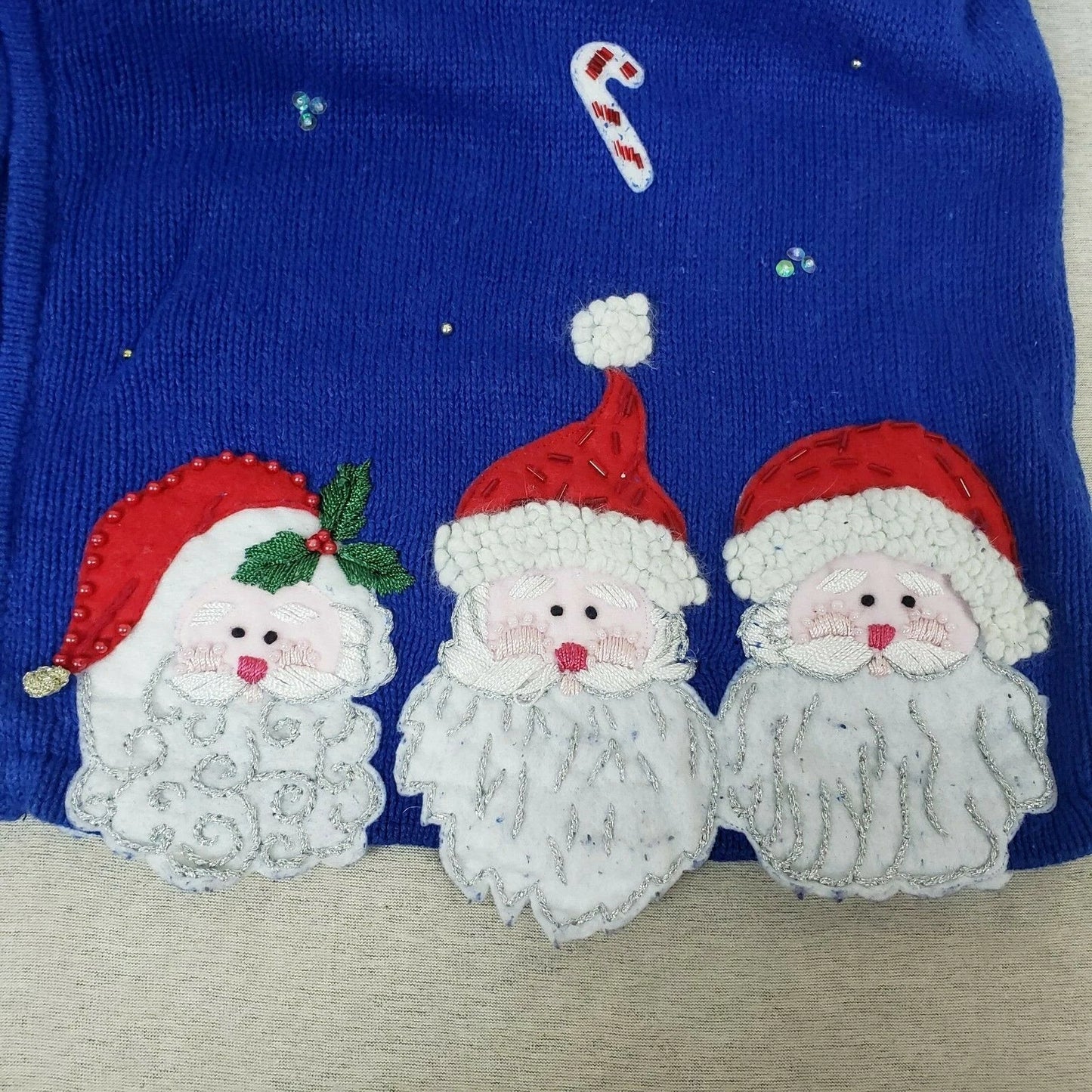 Heirloom Cardigan Sweater Christmas Collectibles 1XL Blue Santa Candy Cane 2004