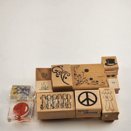 Lot of 12 Wooden Mounted Rubber Stamps Flowers Baskets Hearts and Animals VTG