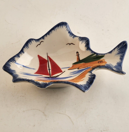 Vintage Tell UK Ceramic Nautical Trinket Dish Sailboat Fish Signed Tray