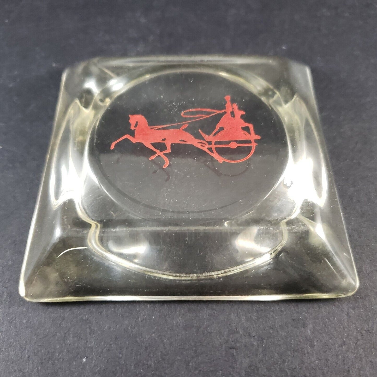 Red Coach Horse Clear Glass Ashtray 3½” Square Vintage Smoke