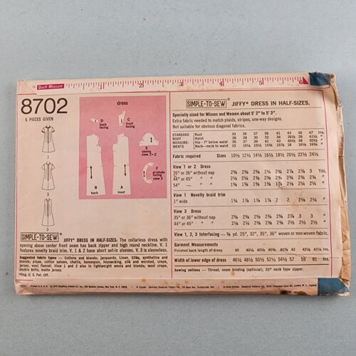 Simplicity 8702 Vintage Sewing Pattern Jiffy Misses Dress in Half-Sizes Size 18½