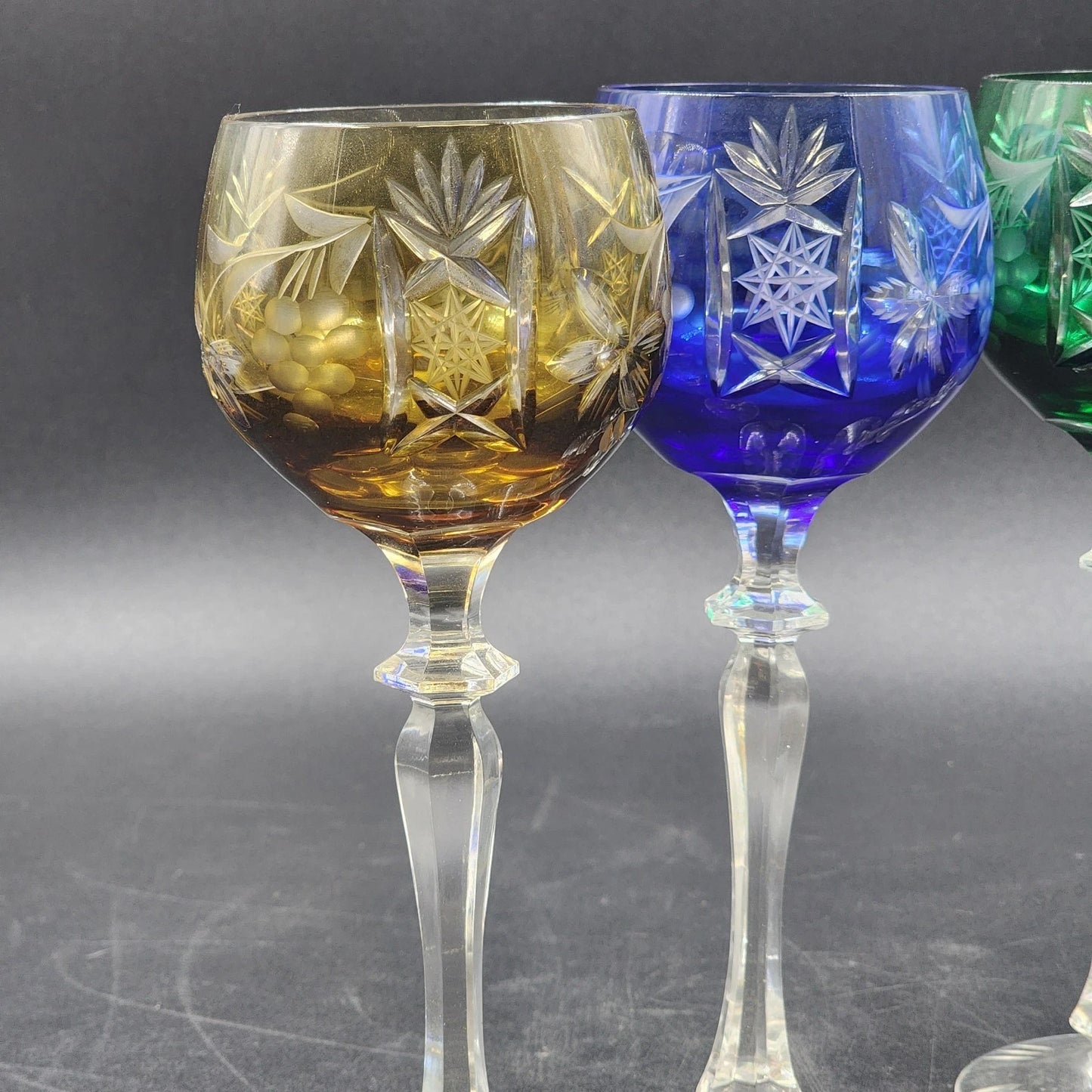 4 Bohemian Cordial Glasses Crystal Cut-to-Clear Wine Hocks 8.75" Multi-Color