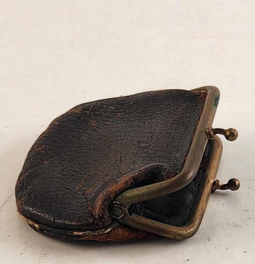 Vintage Black Leather Mini Coin Purse Gold Trim Kiss Closure Rustic