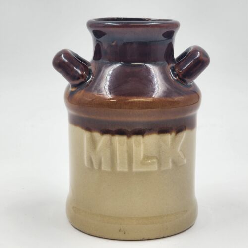 Stoneware Milk Can 5.25" Crock 2 Handles Brown & Beige Crazed