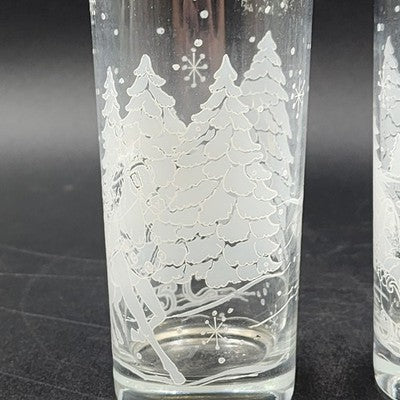 2 Avon Winter Scene Horse & Sleigh Drinking Glasses 2.8"d x 6.25"h Vintage 1995