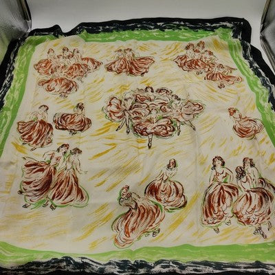 Dancing Ladies Silk Blend Scarf 34" Square Brown Yellow Green Ethnic Pattern