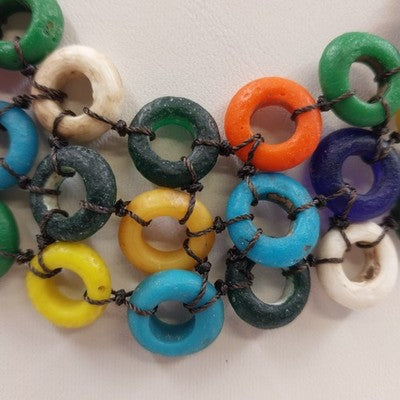 Boho Necklace Multicolor Disc Netting Statement Acrylic Cord Ball Loop Closure