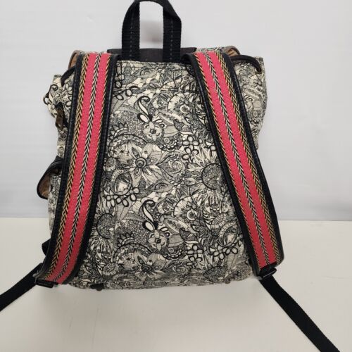 Sakroots Black White Flap Backpack Drawstring Peace Pattern Cotton Leather Trim