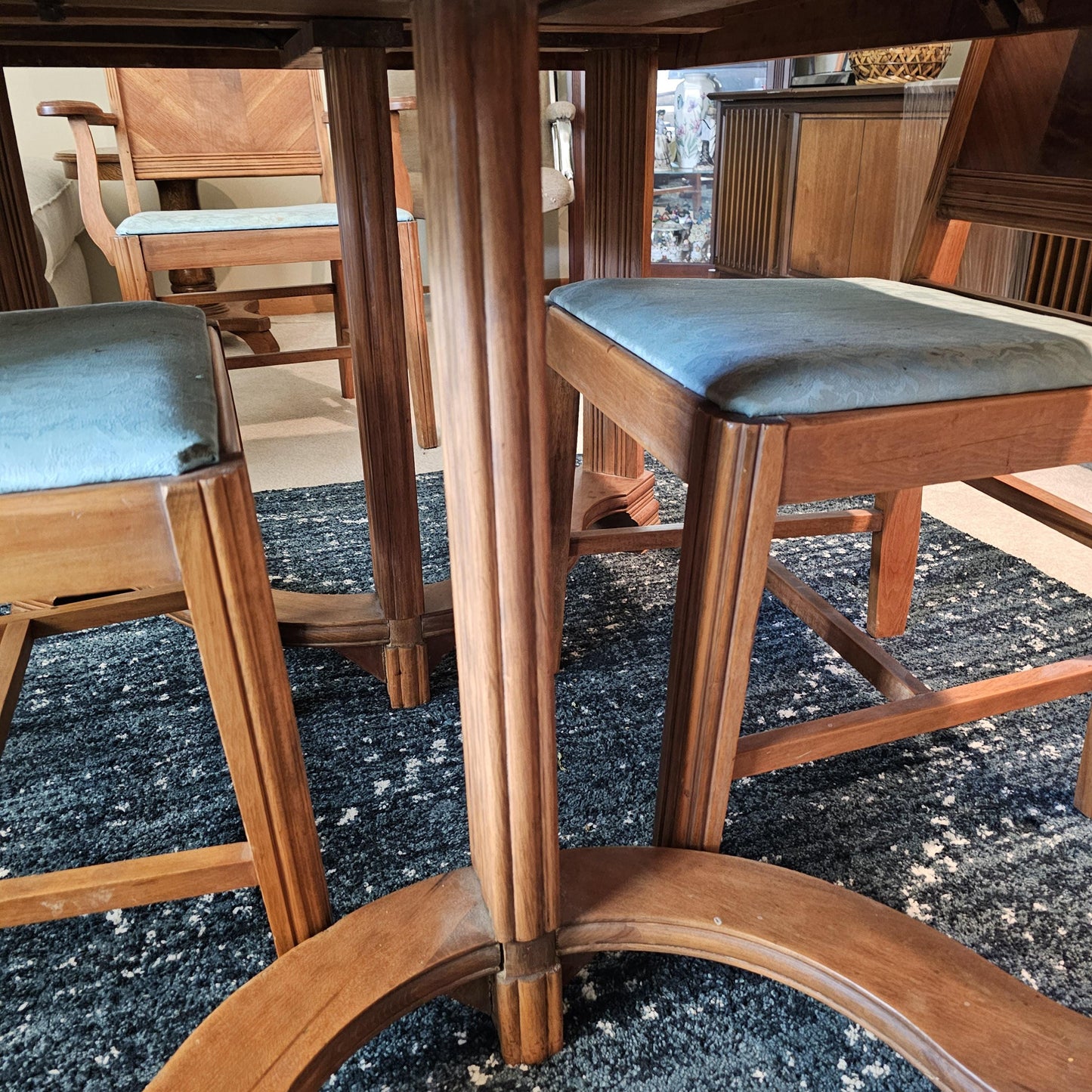 Antique Mahogany Double Pedestal Dining Table Set 1900s w/6 Chairs & Leaf