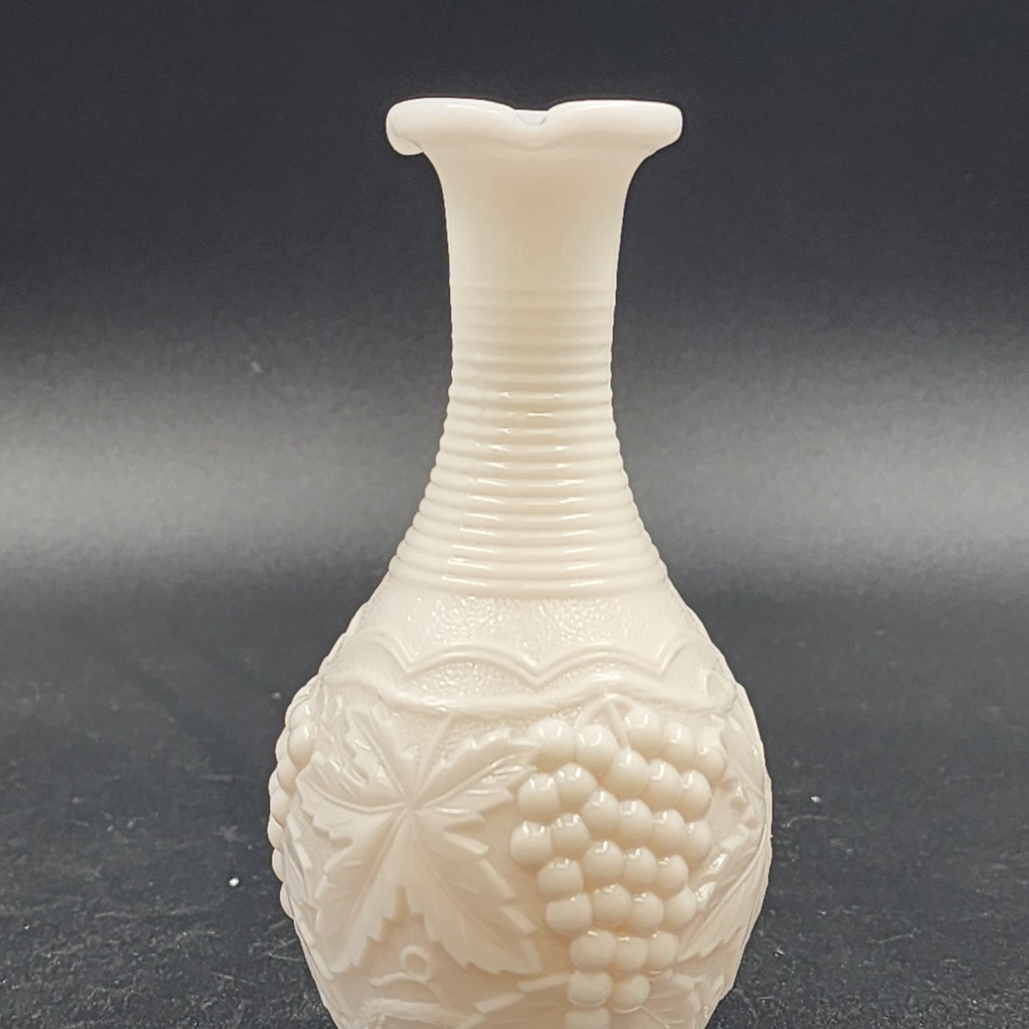 Imperial White Milk Glass Bud Vase Grape Pattern 6" Tall Rings Neck Vintage USA
