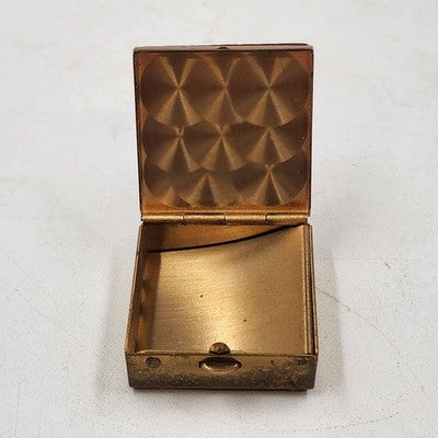 Tan Pill Box Trinket Jewelry Faux Leather Top & Bottom Gold Metal Finish