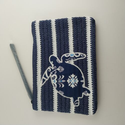 Vera Bradley Straw Large Wristlet Pouch Medallion Blue Sea Turtle Zip 10"