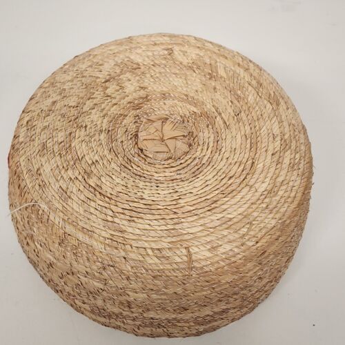 Raffia Straw Woven Tortilla Basket with Straw Hat Lid Cancun Vintage 1990s 8"x4"