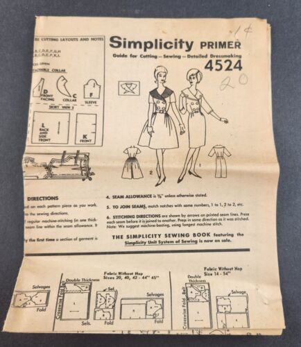 Simplicity 4524 Vintage Sewing Pattern 1960's Misses Dress Complete Cut Size 16