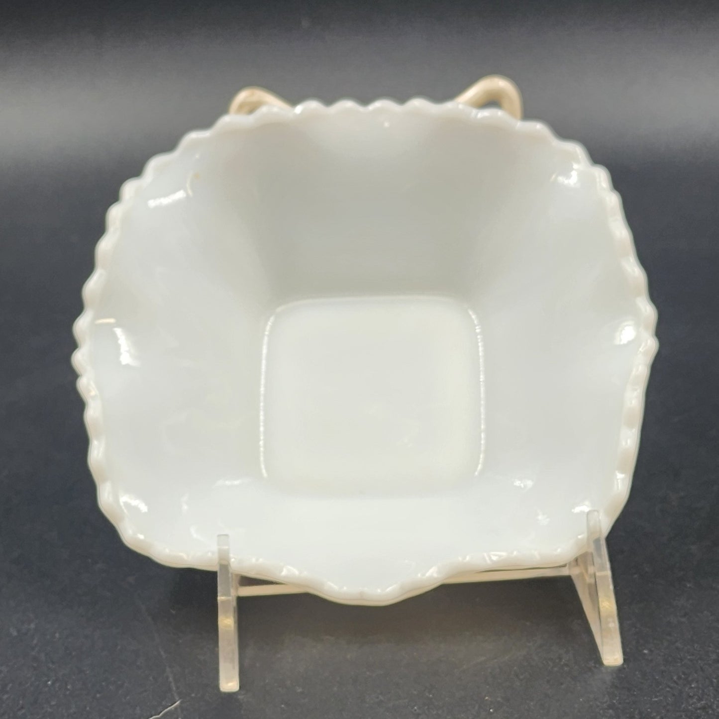Hazel Atlas Milk Glass Candy Trinket Dish Diamond Point Square Ruffled MCM Vtg