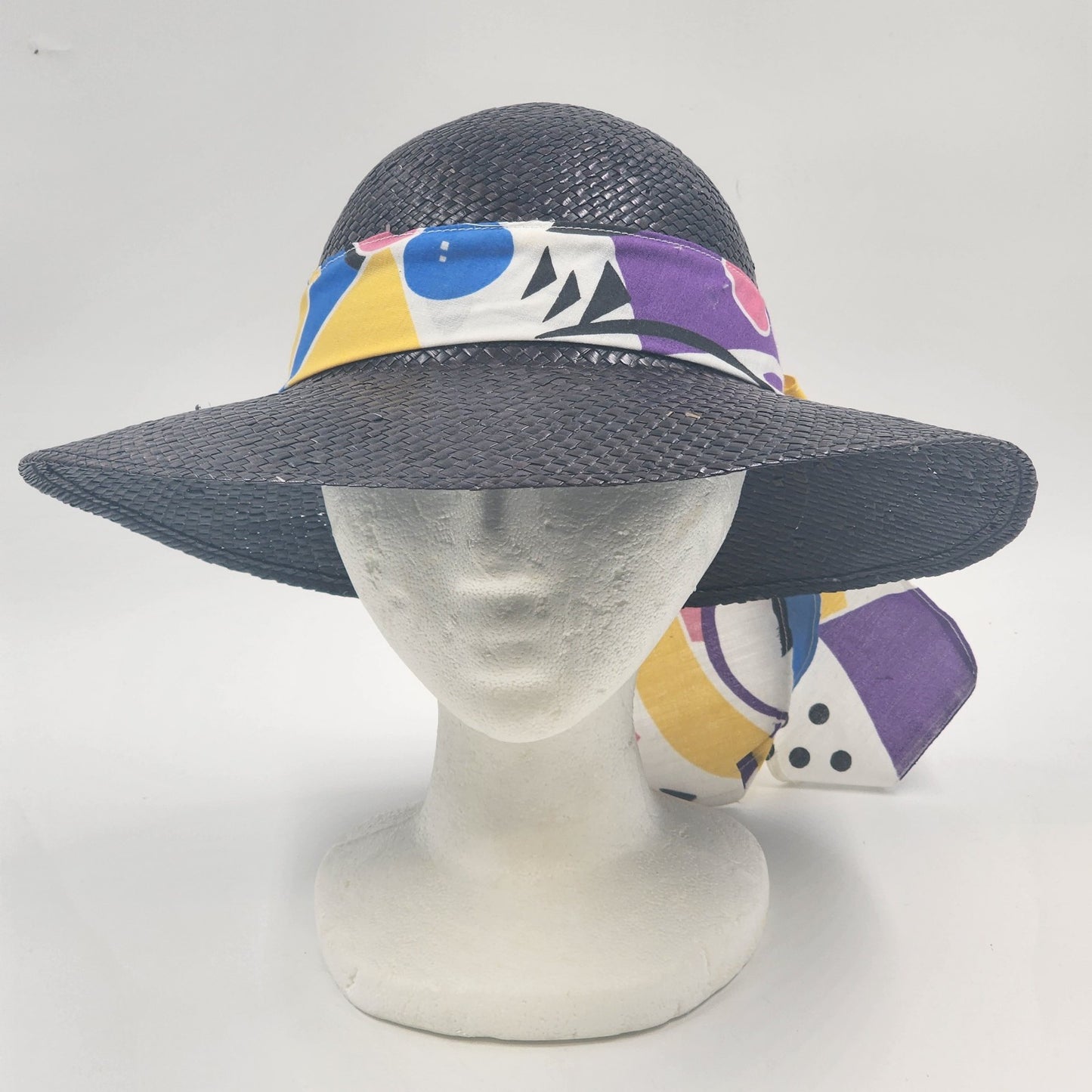 Women's Straw Sun Hat Wide Brim Black Colorful Bandana Cherry Band Medium NOS