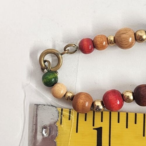Multicolor Wood Bead Necklace Gold Tone Accents 16" Strand Spring Ring Clasp Vtg