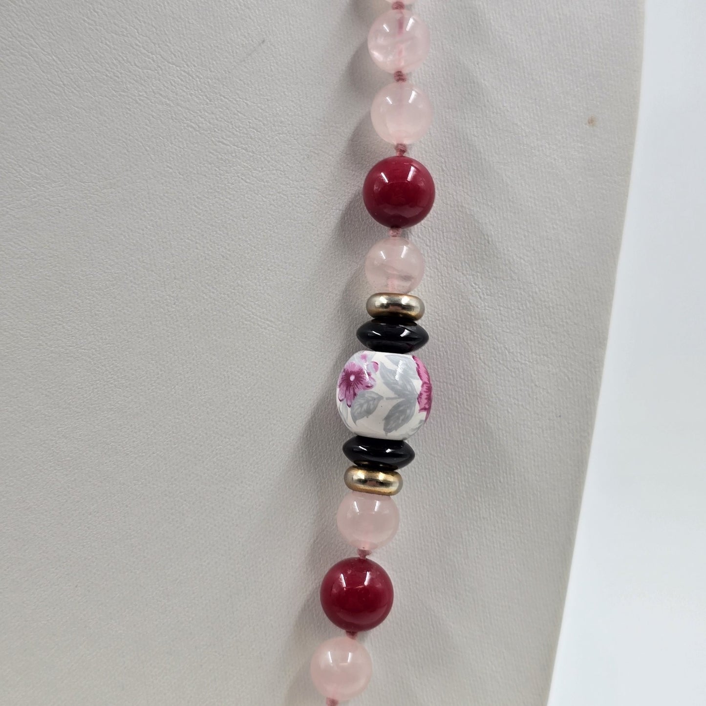 Pale Pink Glass Beads with Multicolor Bead Accents Floral Motif Necklace Jewelry