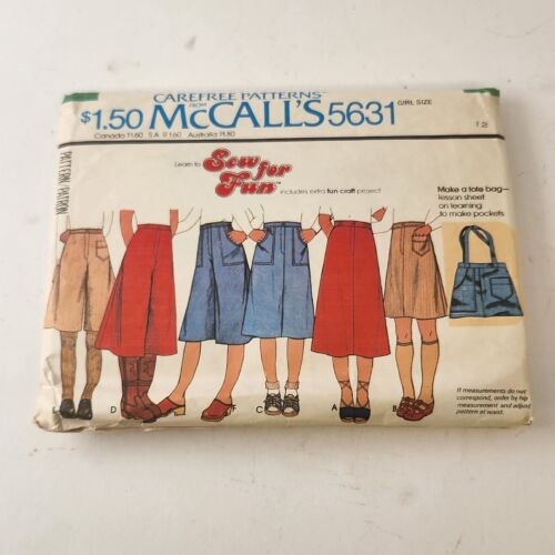 McCall's 5631 Vintage 1977 Sewing Pattern Girls Skirts Culottes Tote Bag UNCUT