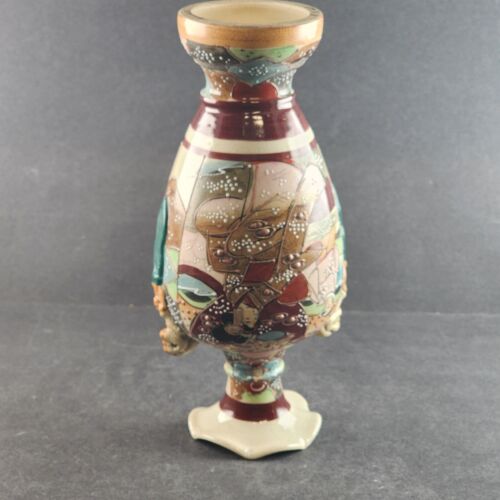 Asian Satsuma Vase Japanese 10" Hand Painted Immortals Foo Dog Pottery Vintage