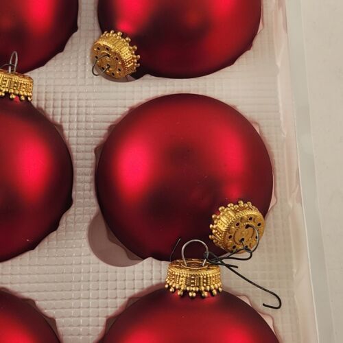 Krebs Glass Christmas Ornaments Red Satin Pearl 6 Pk Vintage Boxed Crown Top 2½"