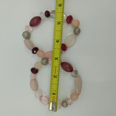 Set of 2 Bracelets Pink Red Gray Faux Pearl Acrylic Glass Faceted Beaded Stretch