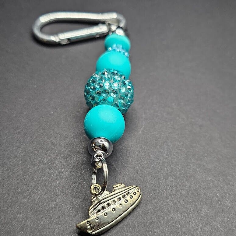 2 Key Ring Bag Charm Blue Nautical Cruise Beaded D Ring Handmade Gift Clip Gift