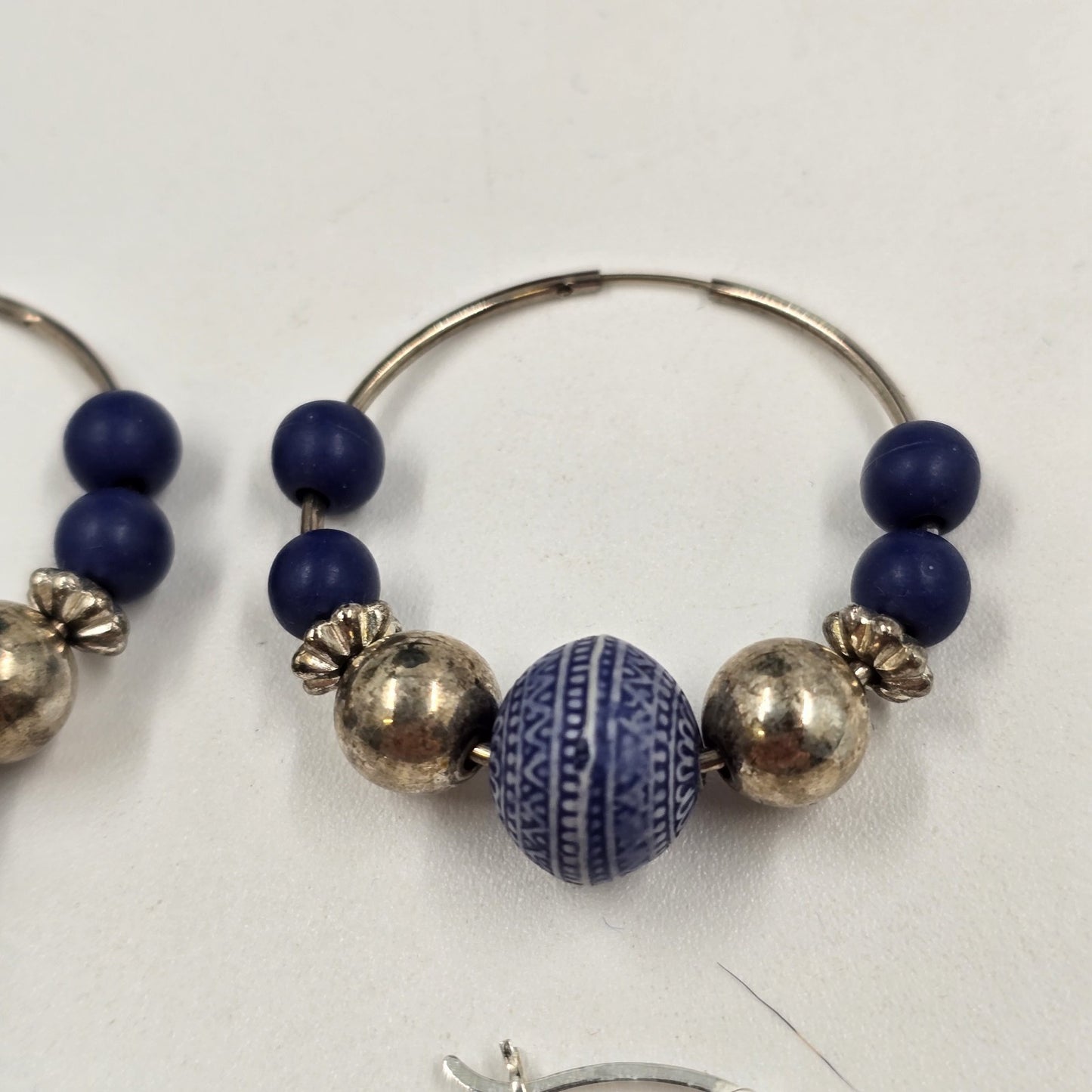 2 Set of Earrings Silver Tone Wire Hoop & Silver Tone w/ Blue Beads Floral 1.25"