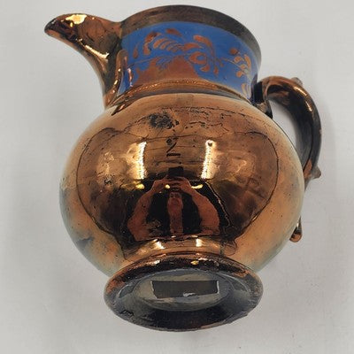 Copper Lusterware Small Creamer Pitcher Bronze & Cobalt Blue Band Floral 5.5"x3"