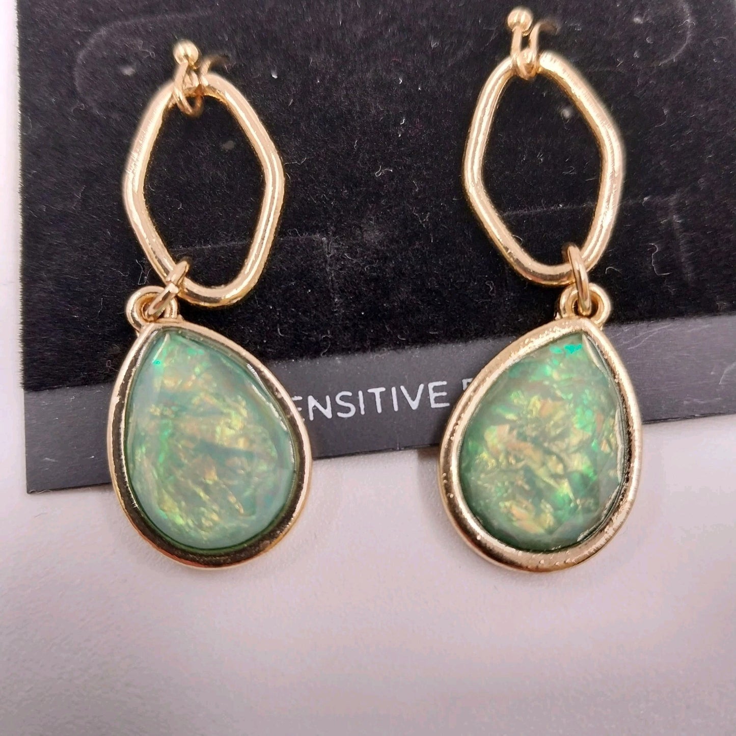 Catherines Earrings Gold Tone Disc with Bezel-Set Ethiopian Opal Dangle 1.75"