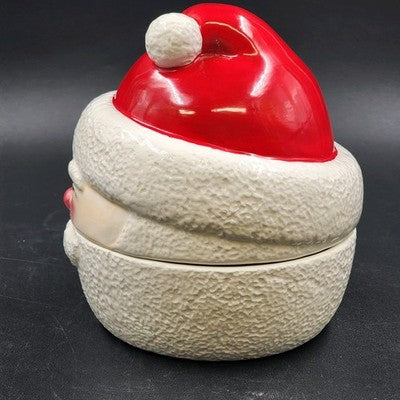 Santa Claus Head Smiley Face Ceramic Christmas Cookie Jar Canister 7.25" Tall