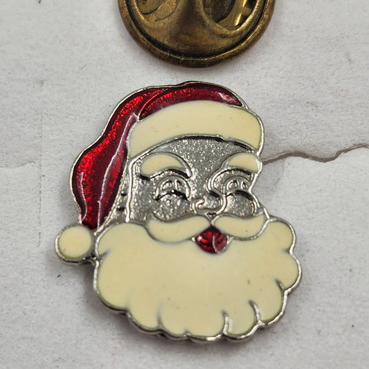 Christmas Santa Claus Head Enamel Brooch Lapel Pin Red White Gold Tone Vintage