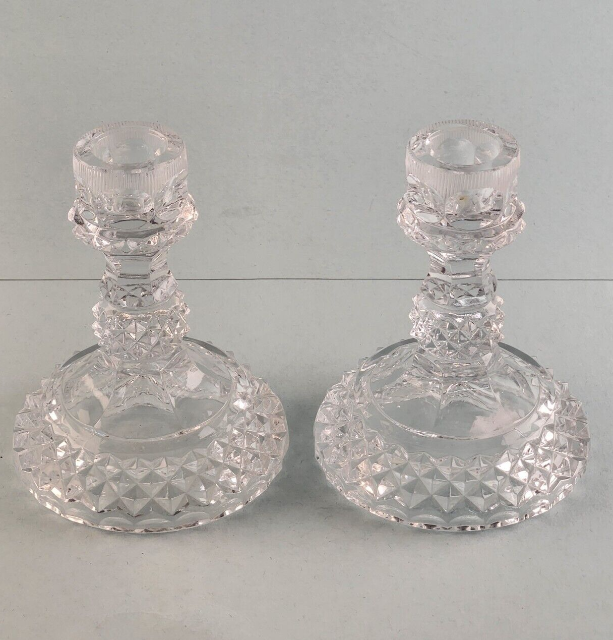 Set of 2 Clear Glass Diamond Hobnail Candlestick Holders Taper Vintage