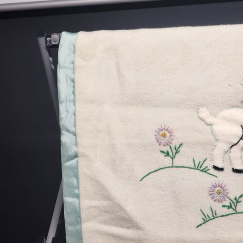 Baby Blanket Appliqued Embroidered Lamb & Flowers Blue Satin Edging 38" x 28"