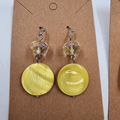 Set 2 Pierced Earrings Yellow Discs w Rhinestones & Marbled Bead Gold Tone Drop