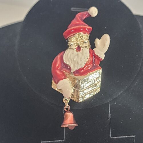 Santa Claus Waving from Chimney Brooch Dangling Bell in Hand 2.5" x 1" Vintage