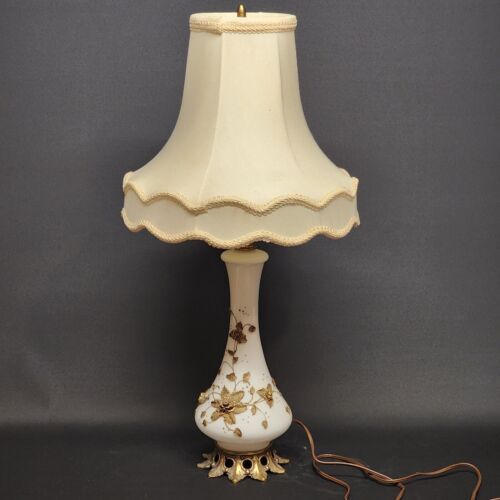 Milk Glass Brass Floral Table Lamp Cast Base 16" Silk Brocade Scallope Shade 11"