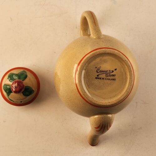 Omar Ware Tea Pot English Stoneware Beige Orange Green Trim England