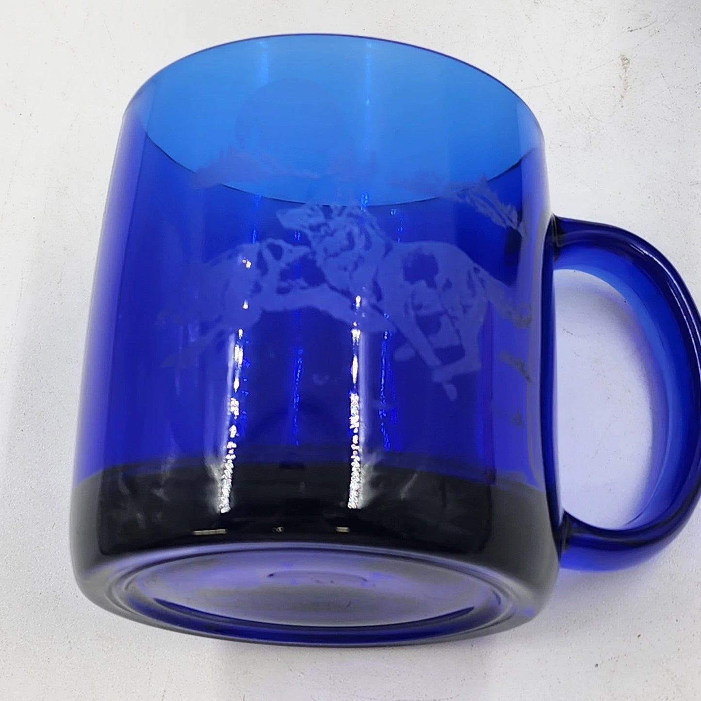 2 Cobalt Blue Coffee Mug Cups 12 oz Etched Running Wolves France