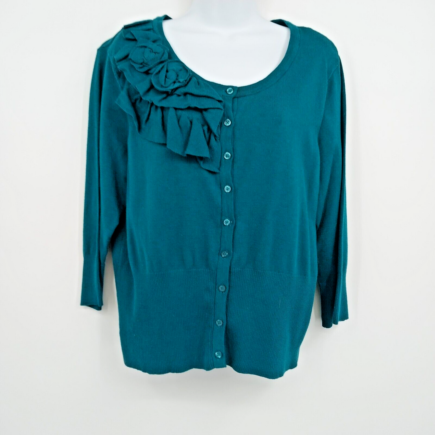 Elle Women's Turquoise XL Cardigan Ruffle Floral Button-Up Stretch Long Sleeve