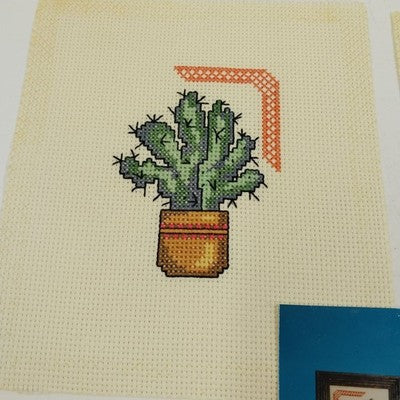 Set of 4 Completed Cross Stitch Desert Mini Vase Plants 6x7" Aida Cloth Unframed