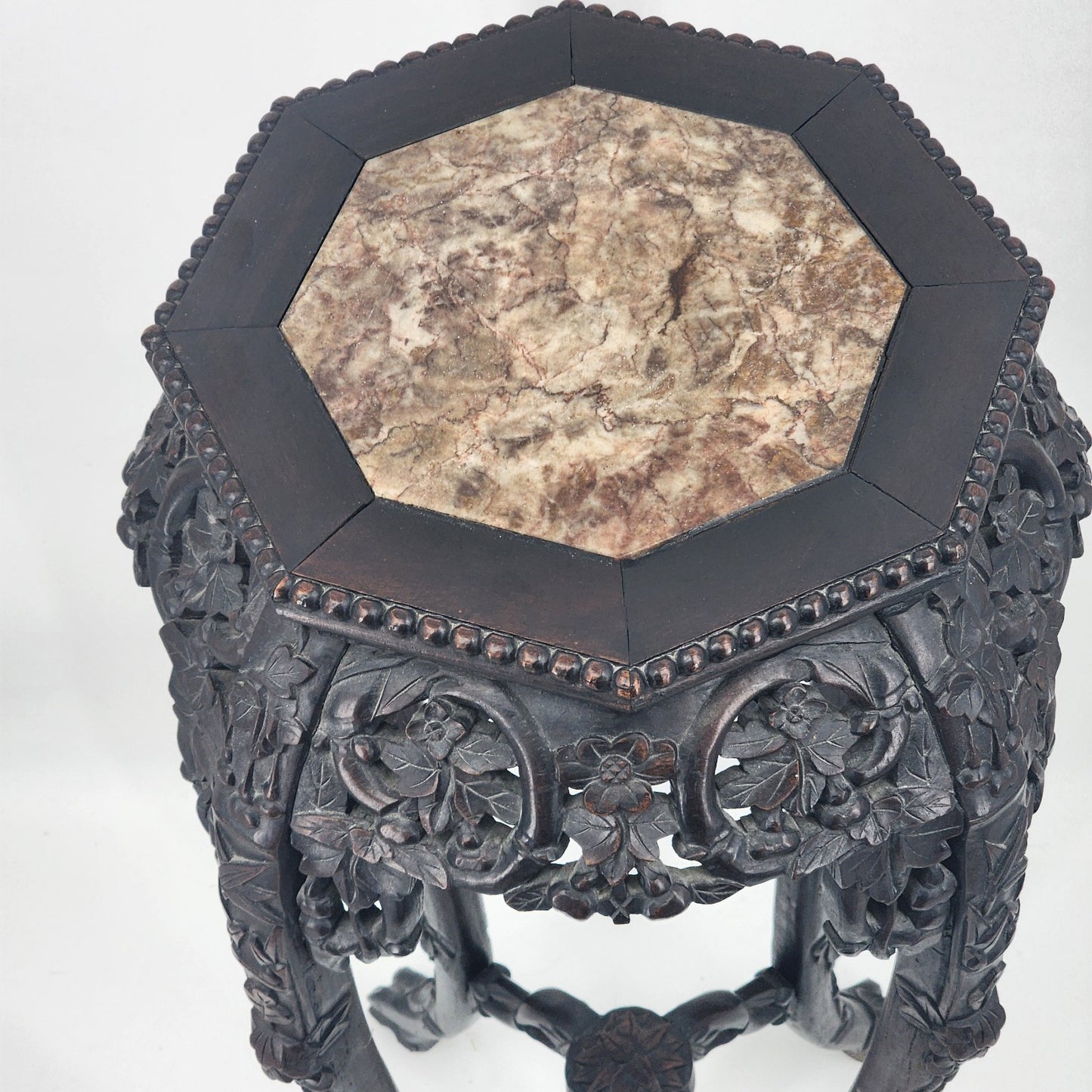 Chinese Jardiniere Tall Stand Hand Carved Wood Marble Side Pedestal Table 35"