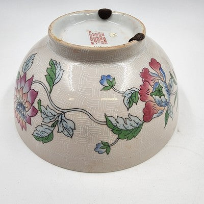 Macau Large Open Bowl 10"x4.5" Hand Painted Pink Blue Floral Design Vintage