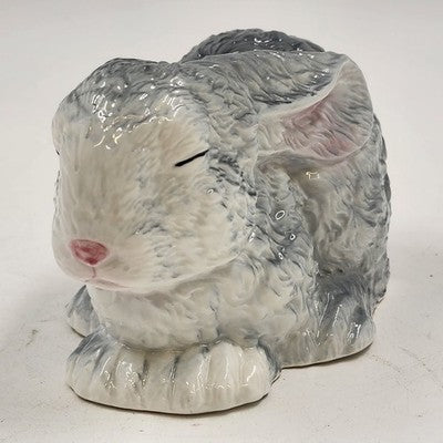 Gray Rabbit Figurine Bone China Bunny White Face Eyes Closed Taiwan 6.5" Long