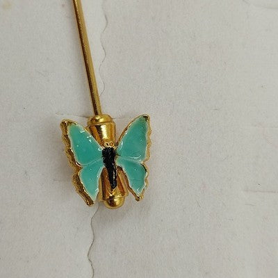 Gold Tone with Small & Large Mint Green Butterfly Enamel Stick Pin 3"