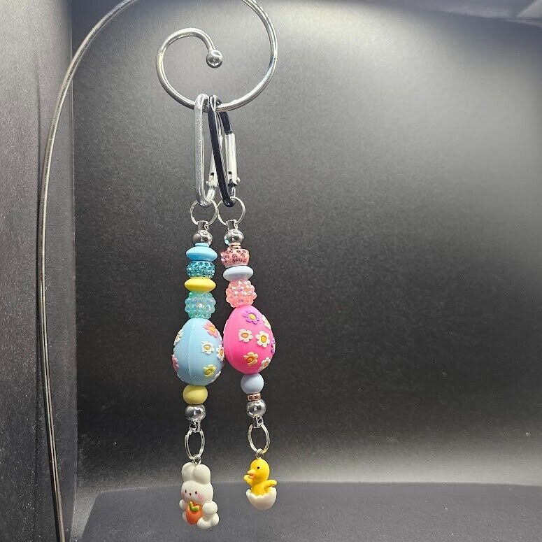 2 Key Ring Bag Charm Easter Egg Duck Bunny Beaded D Ring Handmade Gift Clip Gift