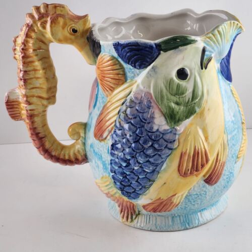 Fl Orgia Ceramic Pitcher Italy Hand Painted Seahorse Handle Fish Starfish Shells