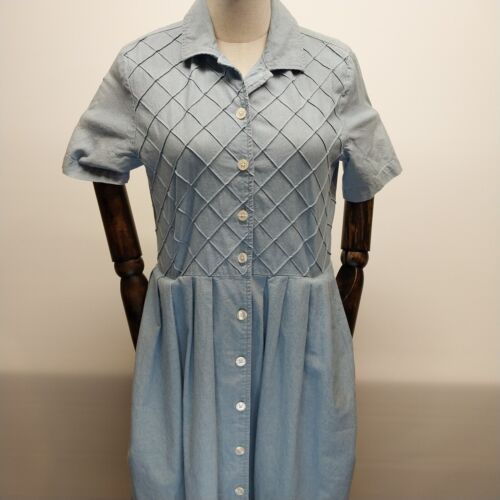 Talbots Short Sleeve Dress Size 4 Blue Pintuck Bodice Pockets 49" Long